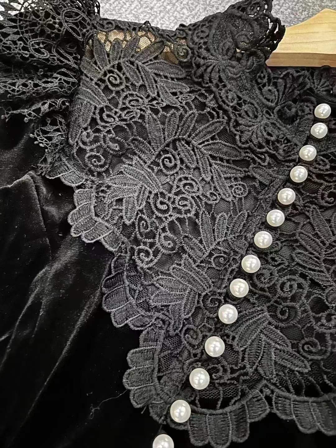 pandora black long sleeve Velvet midi dress with lace and pearls Avalabel