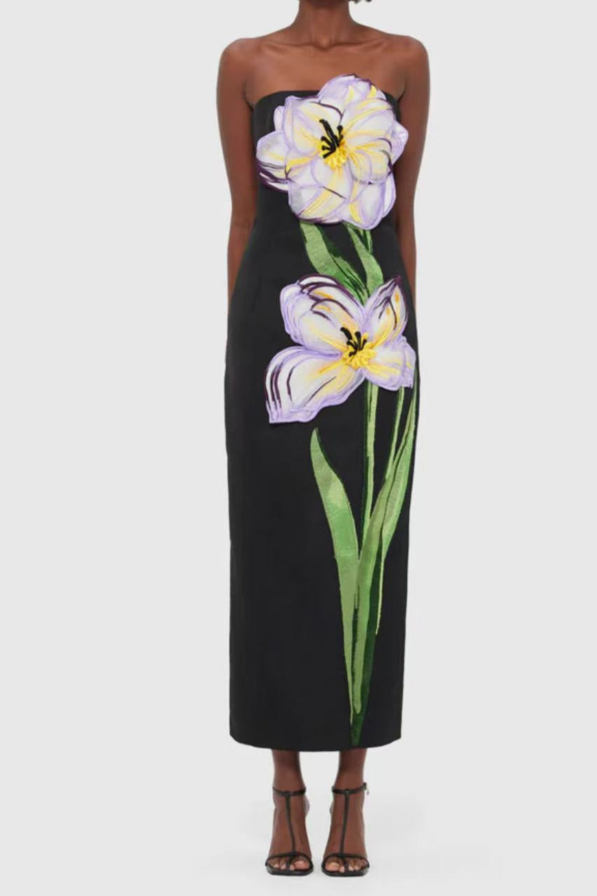 Suzanne Appliqué Floral Bustier Maxi Dress in Black Avalabel
