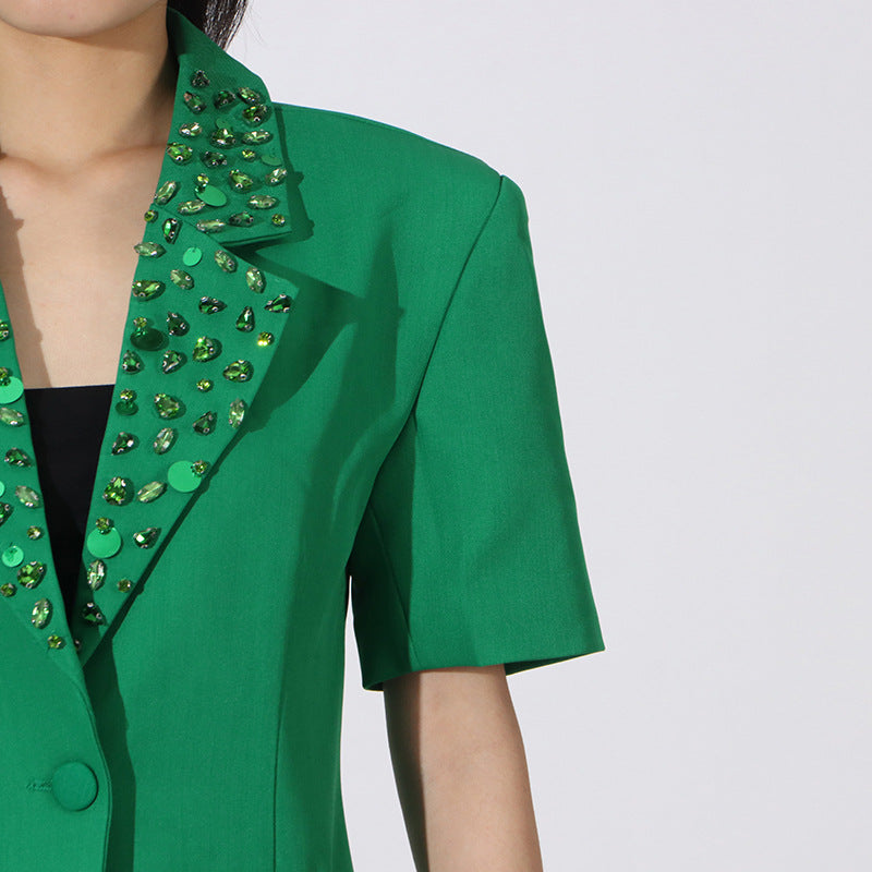 Green Flower Embellished Blazer with Wide-Leg Trousers Set