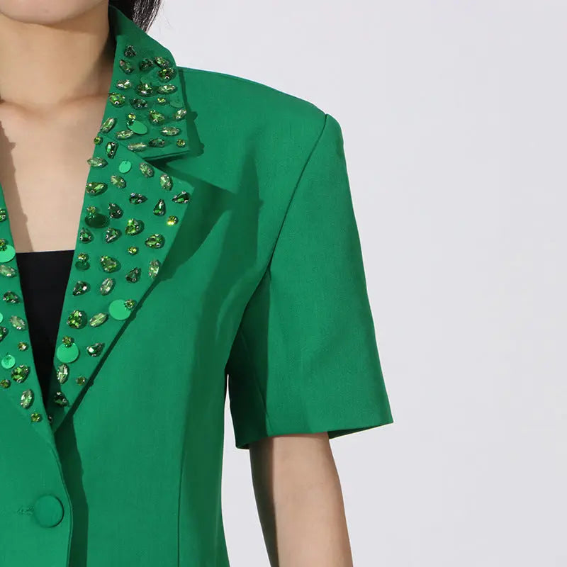 Green Flower Embellished Blazer with Wide-Leg Trousers Set Avalabel