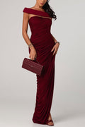 Lola Burgundy Off-Shoulder Asymmetrical-Draped High Slit Maxi Dress Avalabel