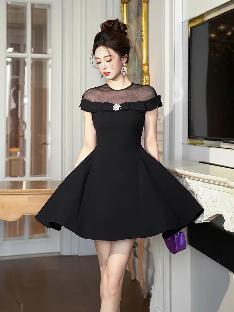 Molly Black Tulle Off-Shoulder A-Line Mini Dress Avalabel