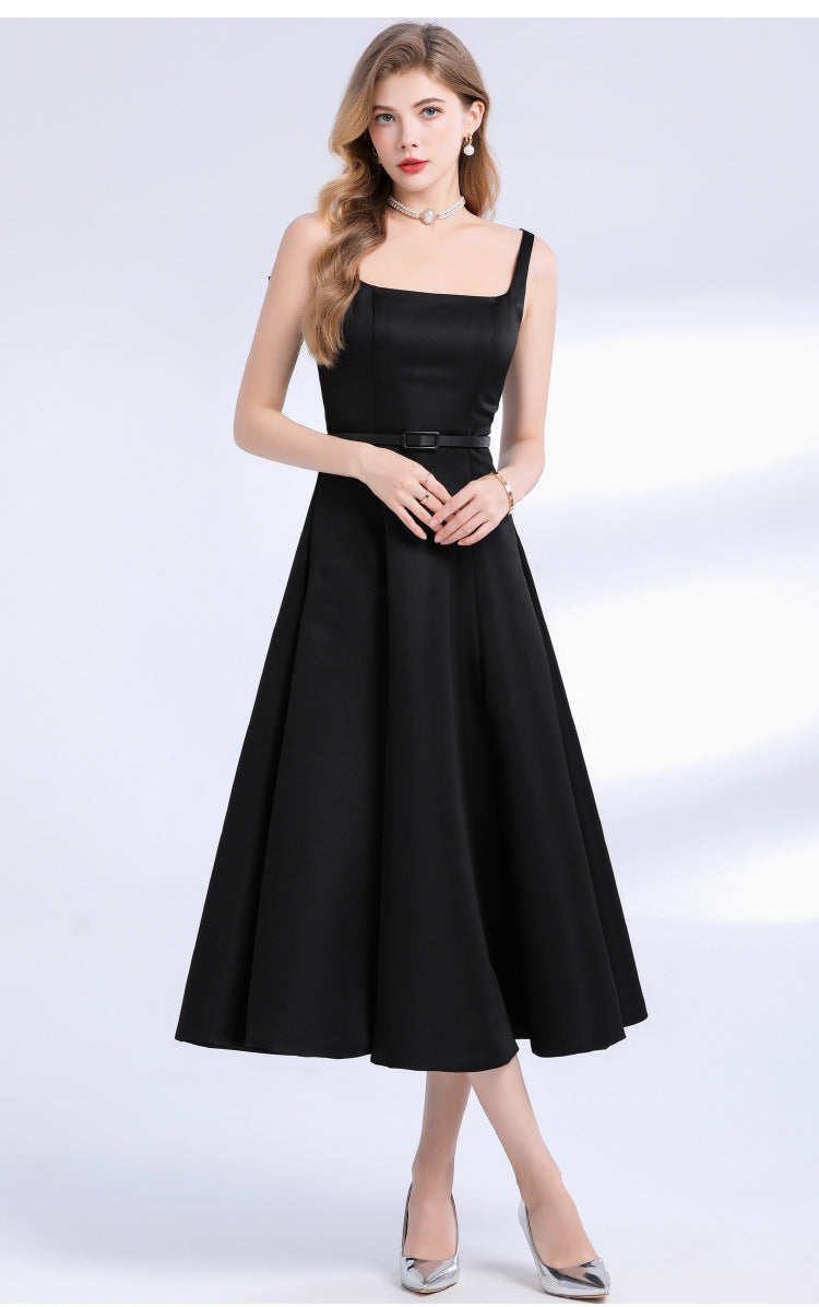 Amelia Square Neck Satin Slip Midi Dress - Black Avalabel