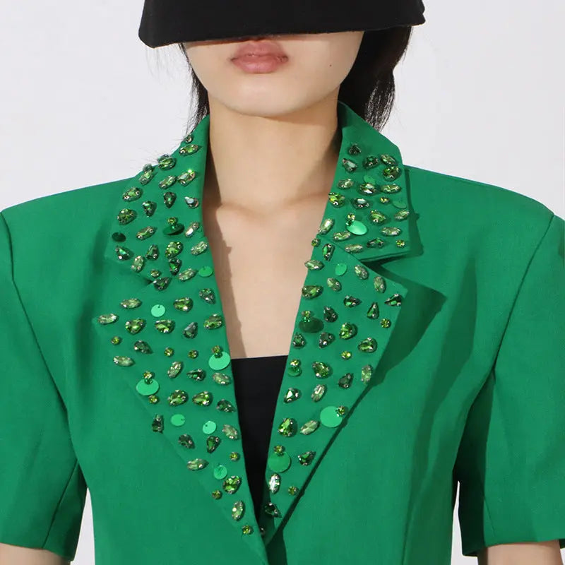 Green Flower Embellished Blazer with Wide-Leg Trousers Set Avalabel