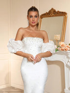 nancy Rhinestone beading strapless maxi dress in white Avalabel