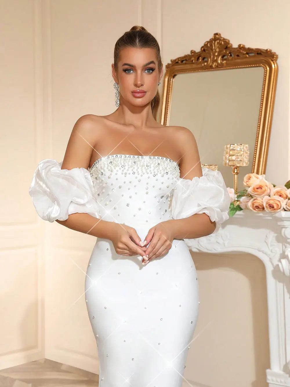 nancy Rhinestone beading strapless maxi dress in white Avalabel
