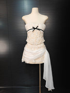 White Herringbone Tube Top Floral Ruffle Mini Dress Suit Avalabel