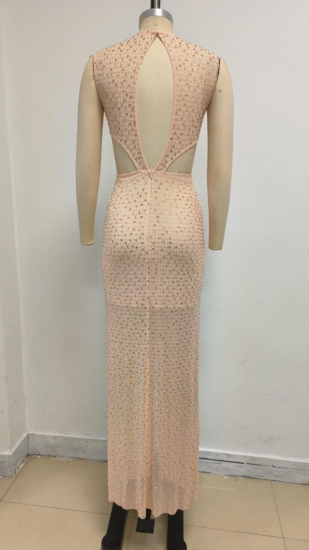 Vivien Flower Sequin Cutout Maxi Dress in Apricot Avalabel