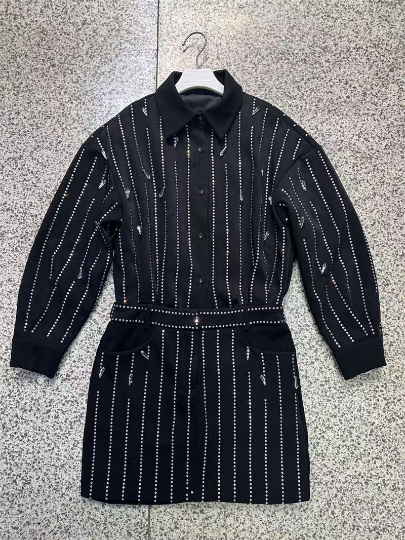 victoria Collar Rhinestone Shirt mini Dress in black Avalabel
