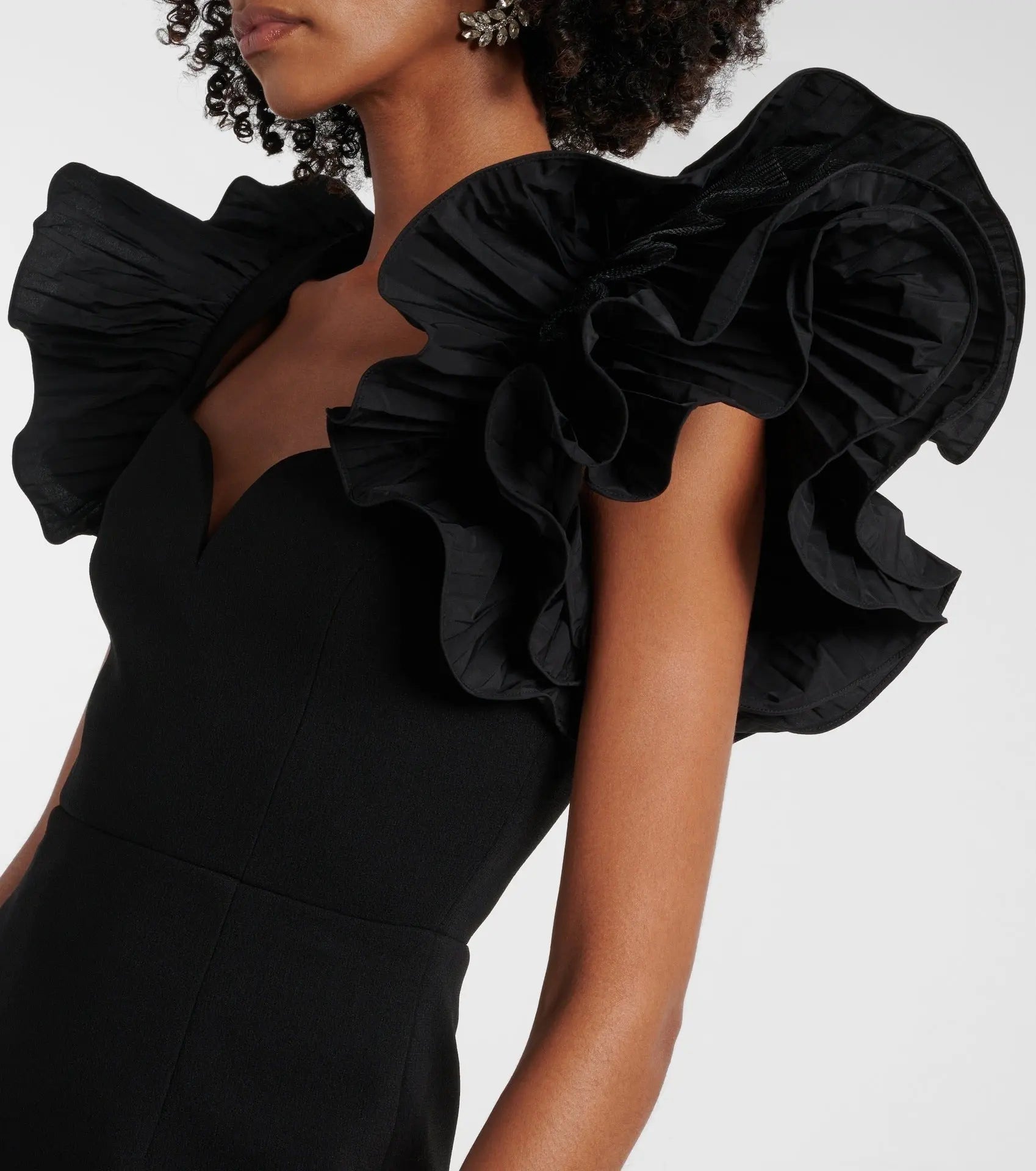 blanche ruffle crepe midi dress in black Avalabel