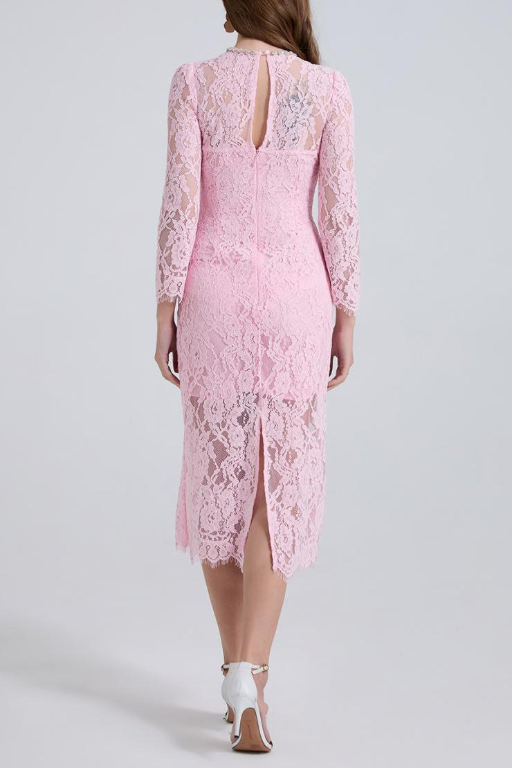 Bernice Rhinestone Fishbone Lace Midi Dress in Pink Avalabel