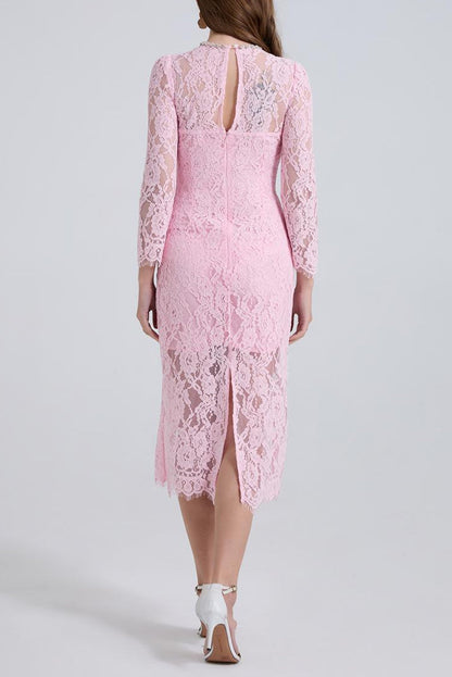 Bernice Rhinestone Fishbone Lace Midi Dress in Pink