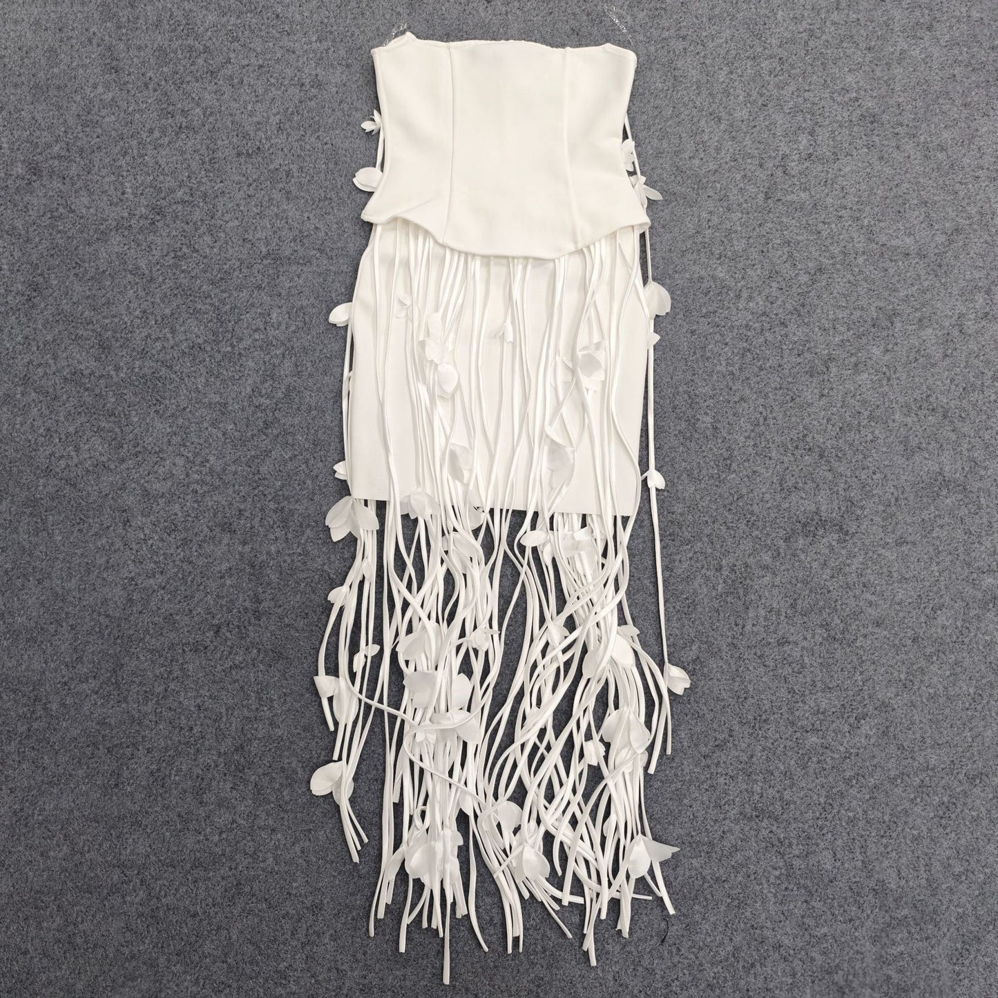 hilary white flower tassel strapless mini dress