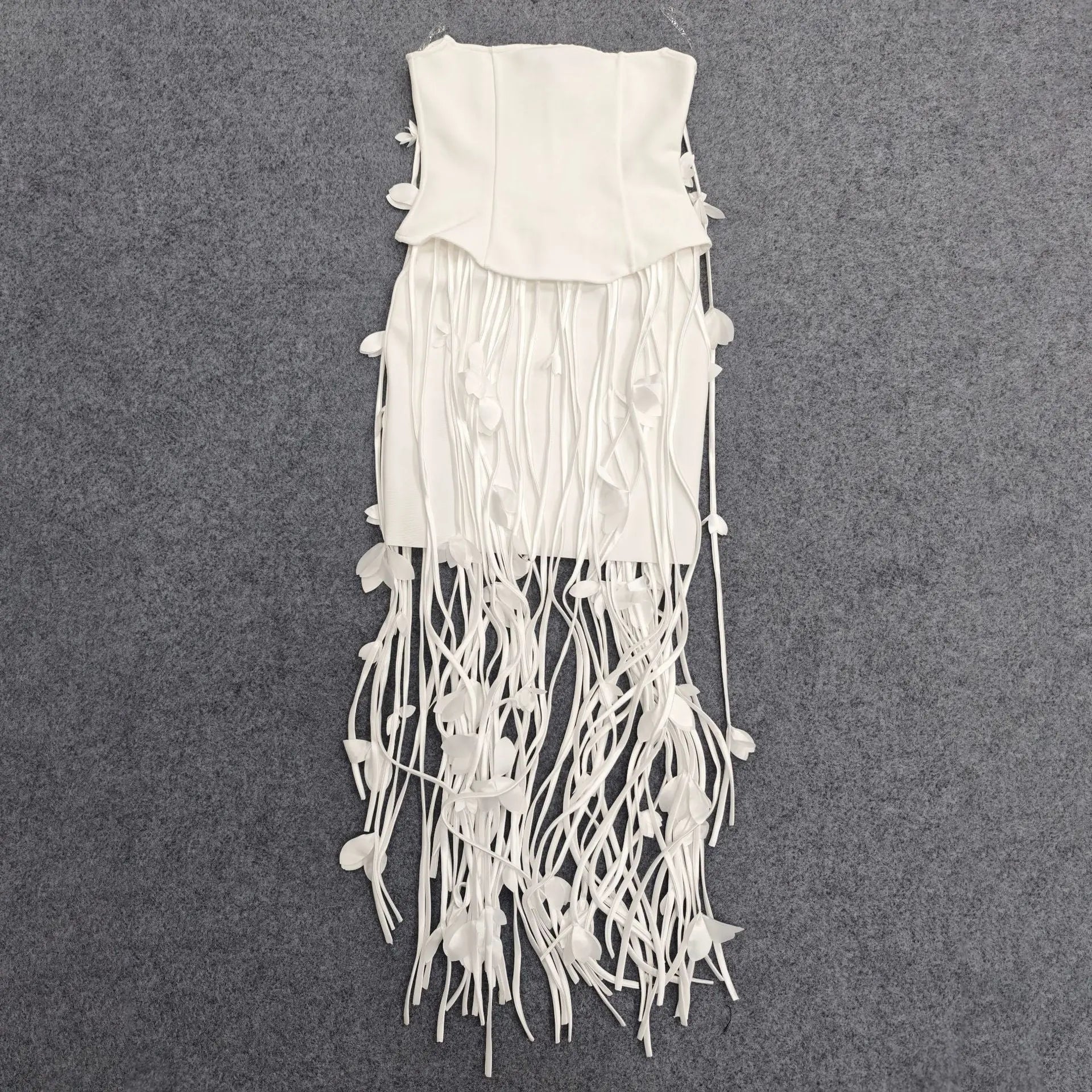 hilary white flower tassel strapless mini dress Avalabel