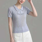 Striped Collar Bow Tie Ribbed Knit Short Sleeve Top poava