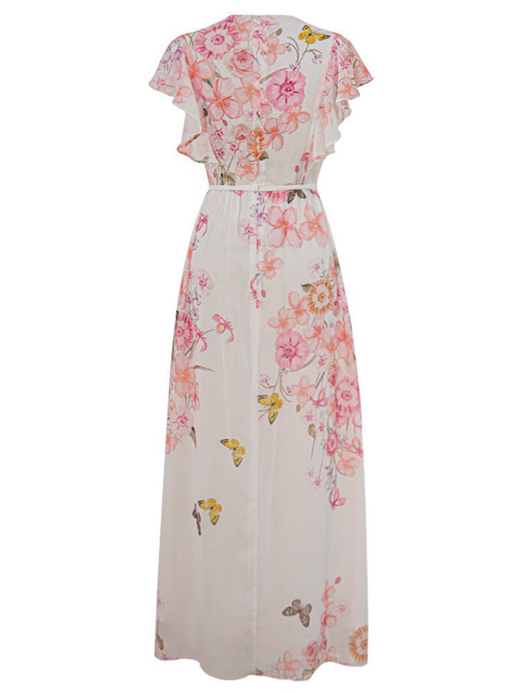 White Floral Flying Sleeves Maxi Dress Avalabel