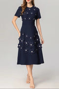 katherine 3d flower appliqué midi dress in navy blue Avalabel