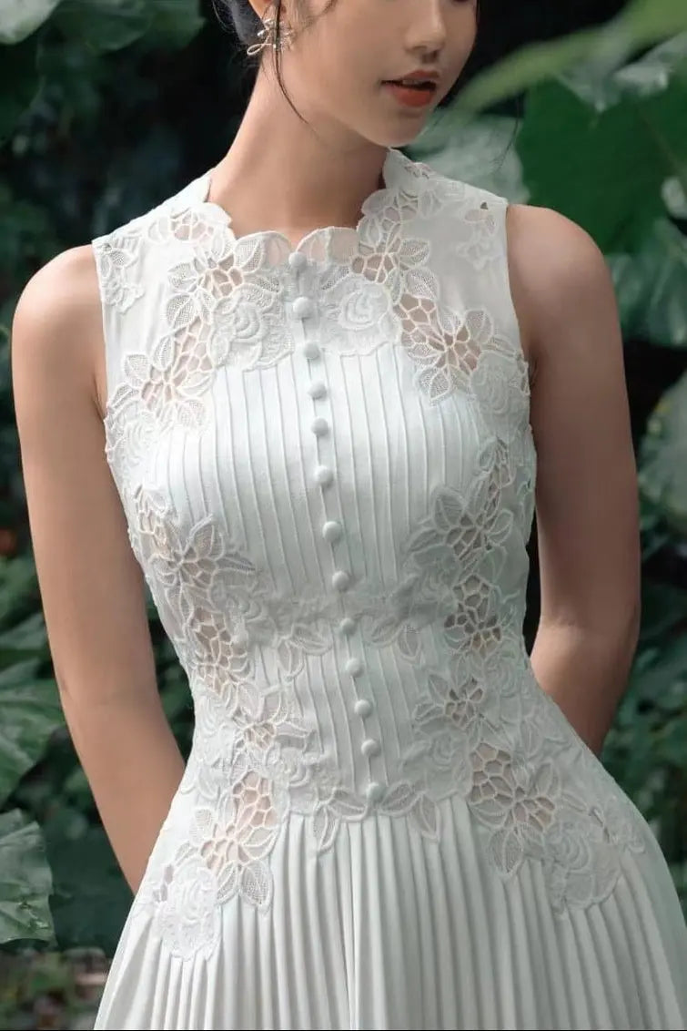 nancy lace embroidery pleated midi dress in white Avalabel