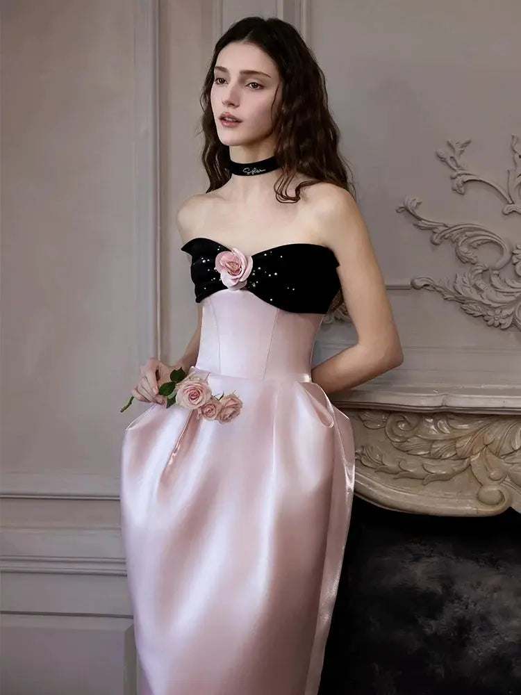 Satin Pink Flower Strapless Maxi Prom Dress Avalabel