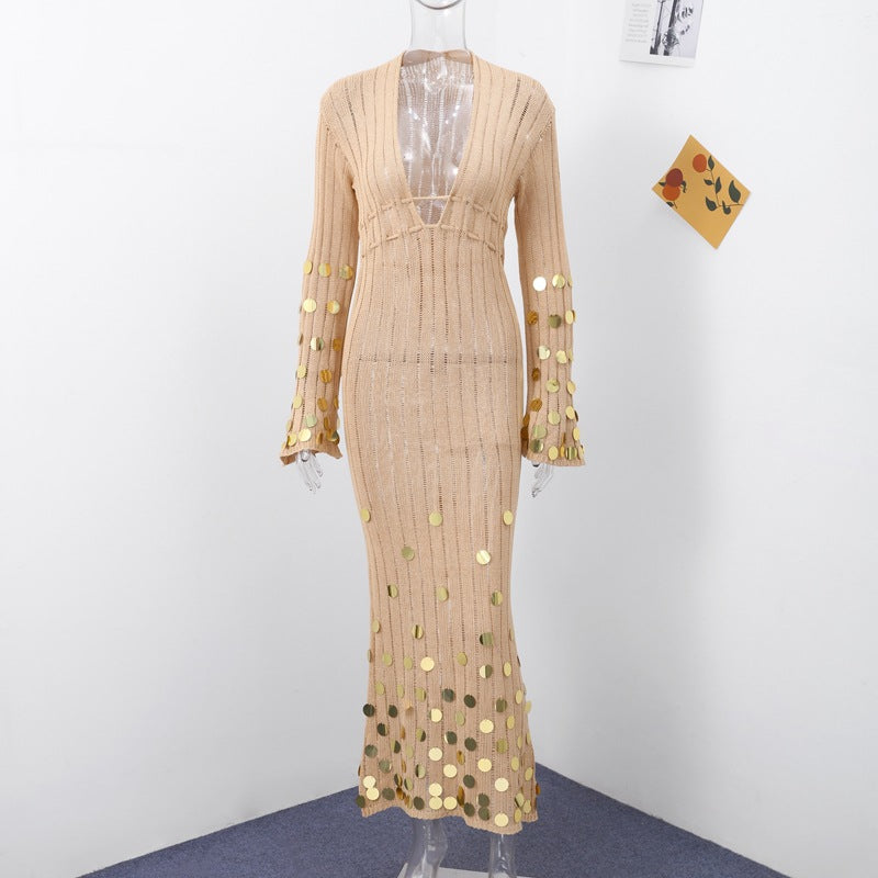 elma Golden Aura v-neck Knitted maxi Dress Avalabel