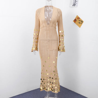 elma Golden Aura v-neck Knitted maxi Dress