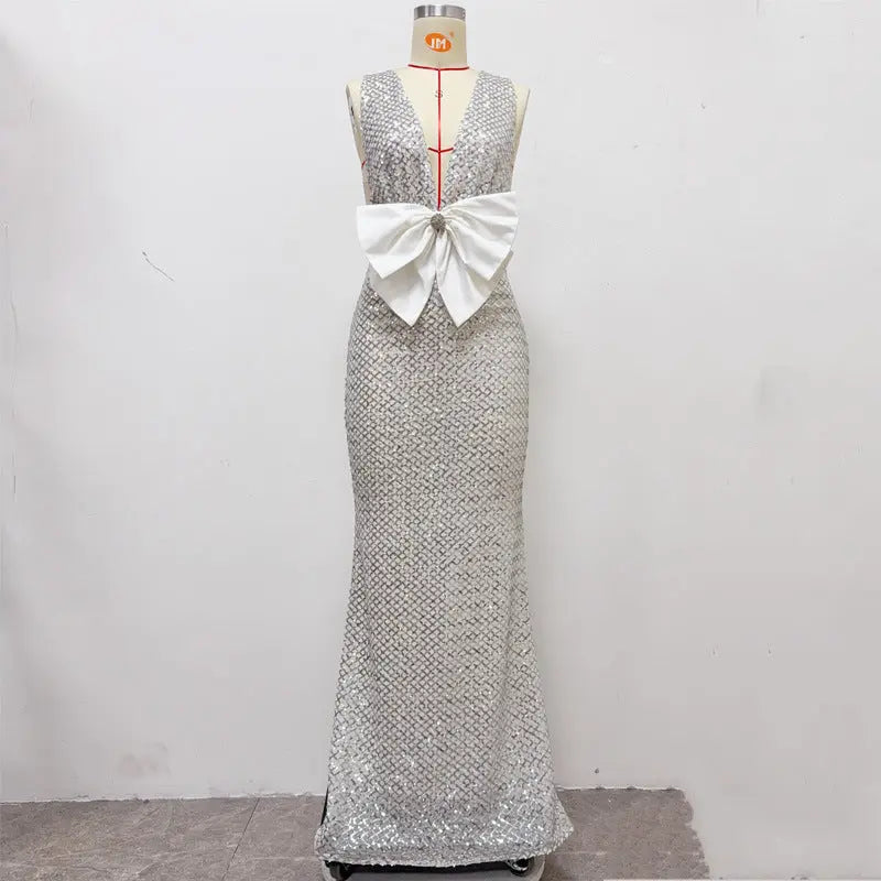 rebecca bow sequin embellished v neck maxi dress in silver Avalabel