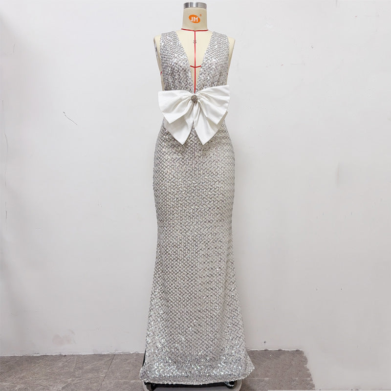 rebecca bow sequin embellished v neck maxi dress in silver