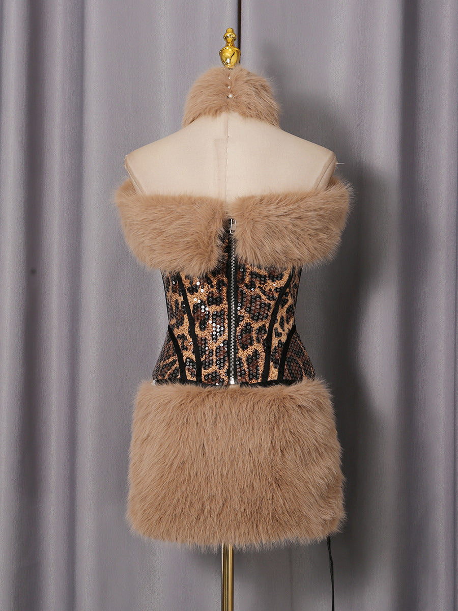 suzanne Leopard Fur Sequin Skirt Set Avalabel
