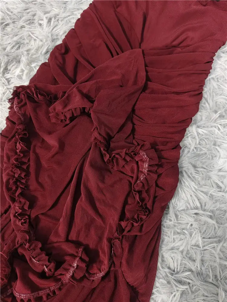 Burgundy mesh ruffle waist maxi dress Avalabel