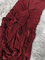 Burgundy mesh ruffle waist maxi dress Avalabel