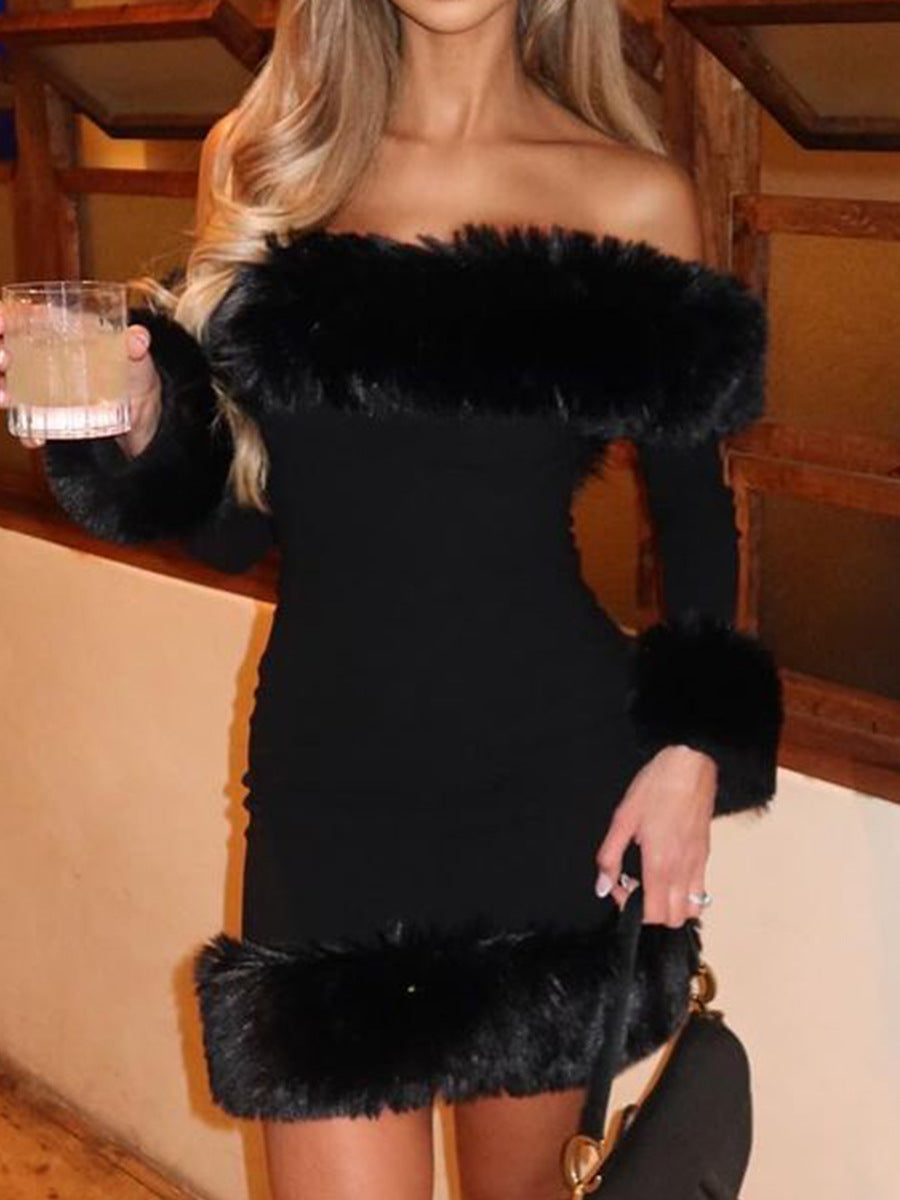 rita Black long-sleeve off-shoulder mini dress with fuzzy details Avalabel