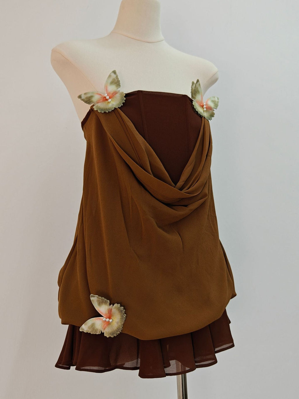Brown 3D Butterfly Fishbone Tunic Top Mini Skirt Set Avalabel