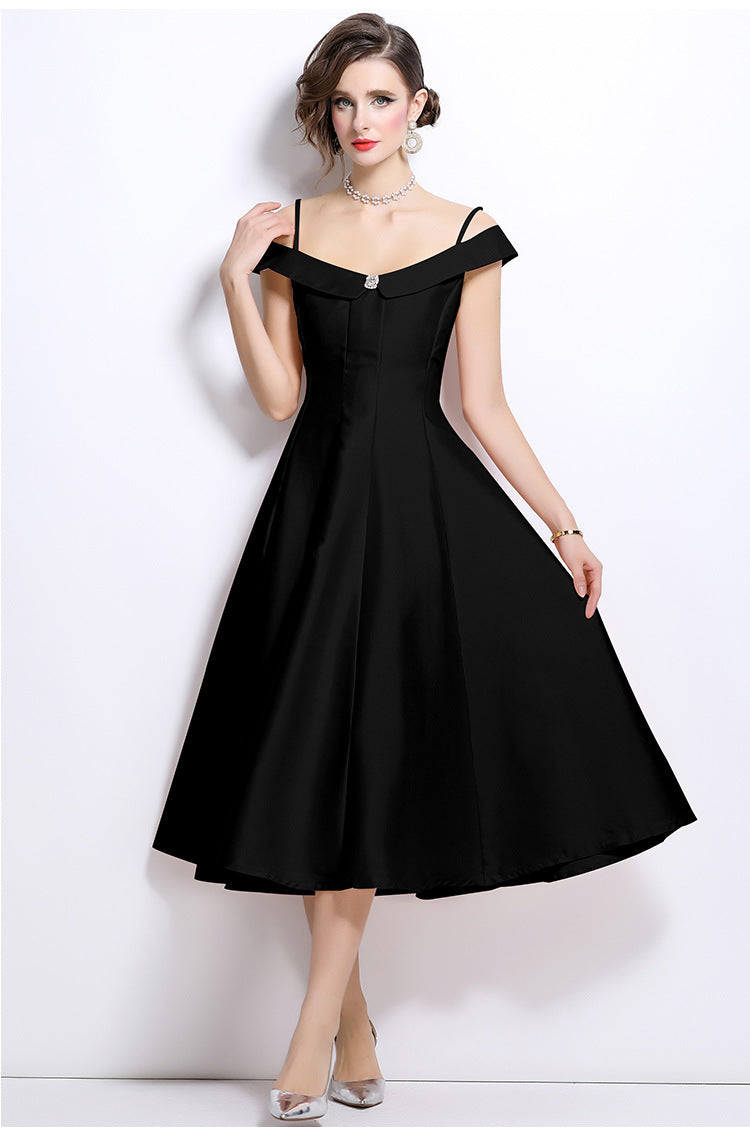 Meroy Off-Shoulder Satin Pleated Midi Dress in Black Avalabel