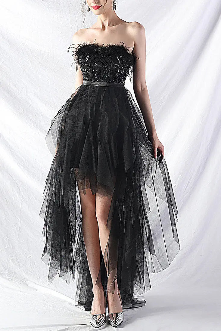 Strapless feather tulle midi dress Avalabel