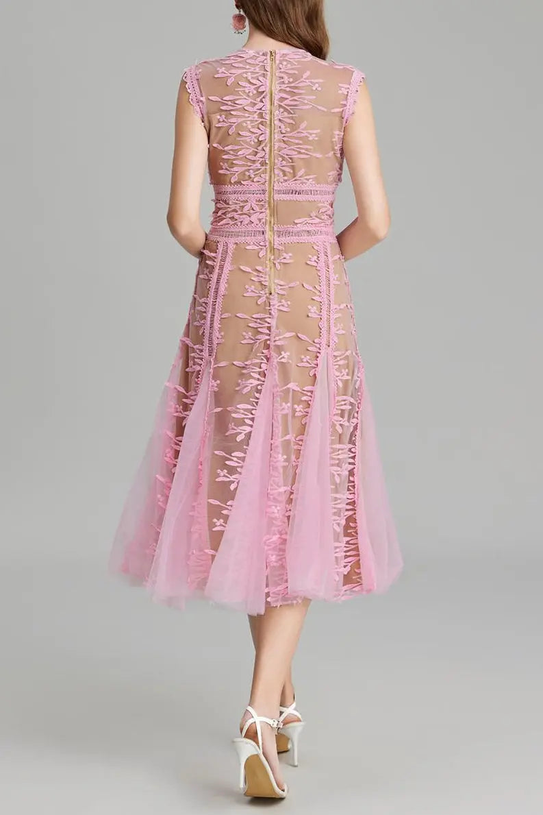 Phoenix 3D Embroidered Lace Mesh Midi Dress in Pink Avalabel