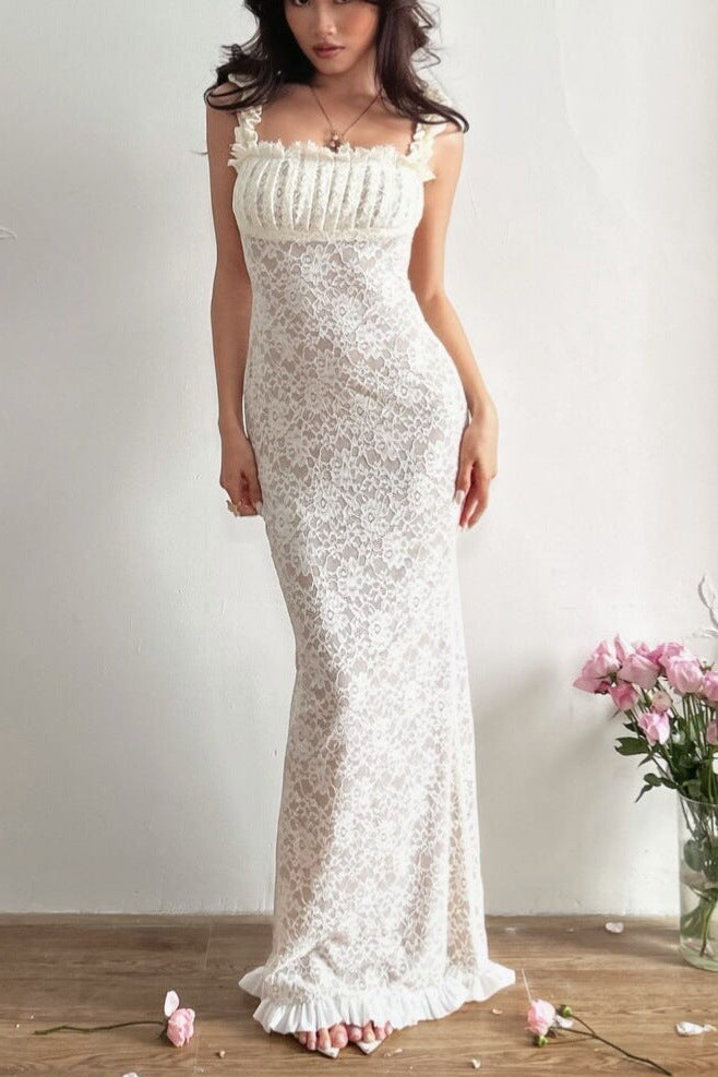 Georgia Lace Bodycon Slip Maxi Dress in White Avalabel
