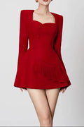 victoria red square neck long sleeve a-line mini dress Avalabel