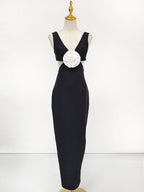 Flower V-Neck Hollow Out Maxi Dress in Black Avalabel