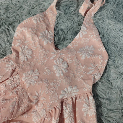 pink fairy jacquard halterneck open back big swing midi dress