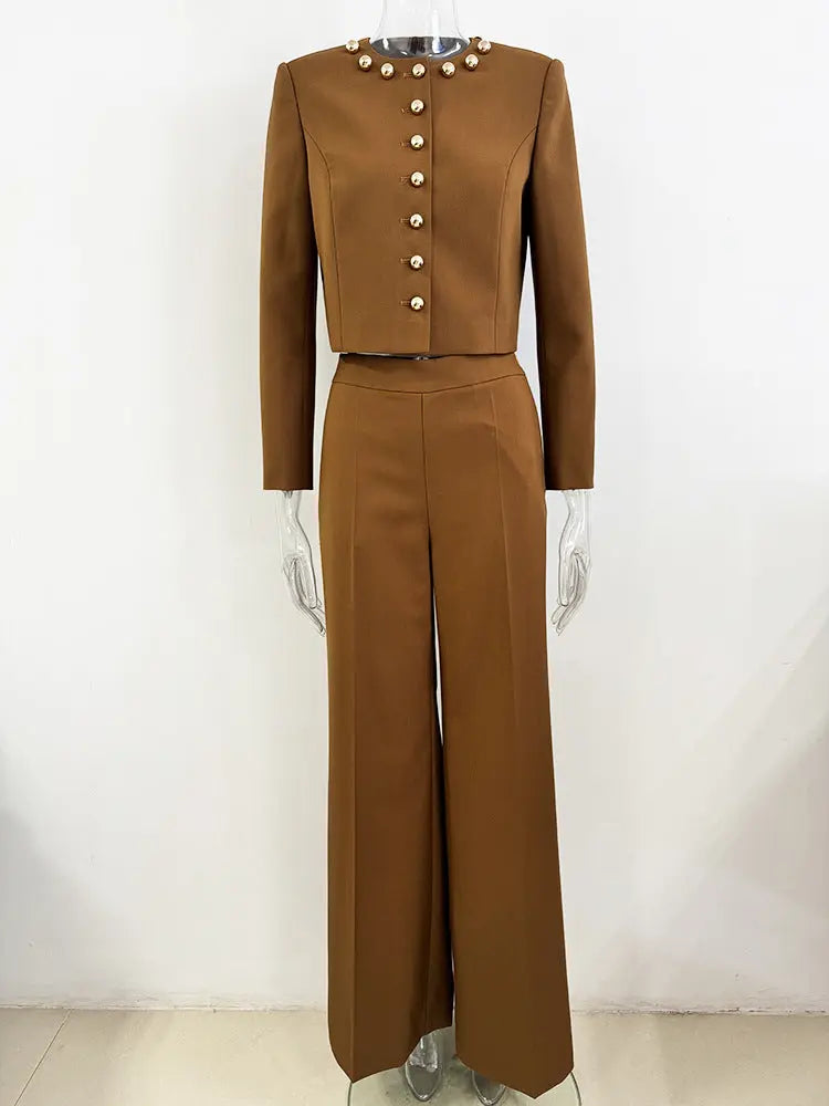 miranda pale brown button-decorated short jacket two-piece set Avalabel