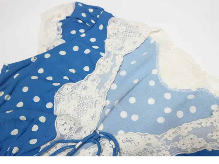 Lyuba Polka Dot Lace-Trimmed V-Neck Maxi Dress in Blue Avalabel