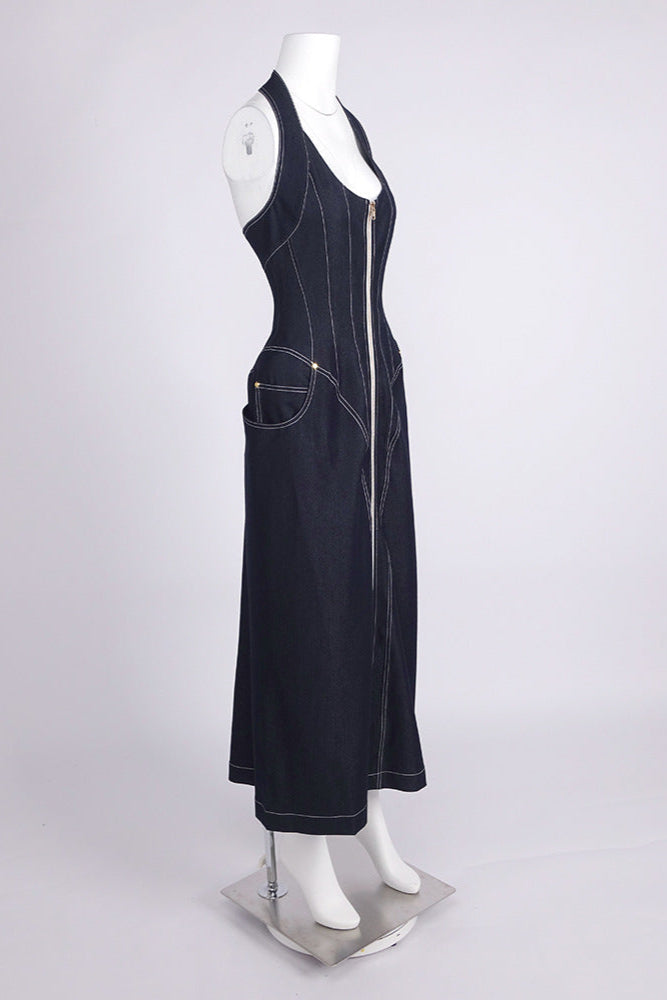 Haltered Corseted Midi Dress Denim in Navy Blue Avalabel