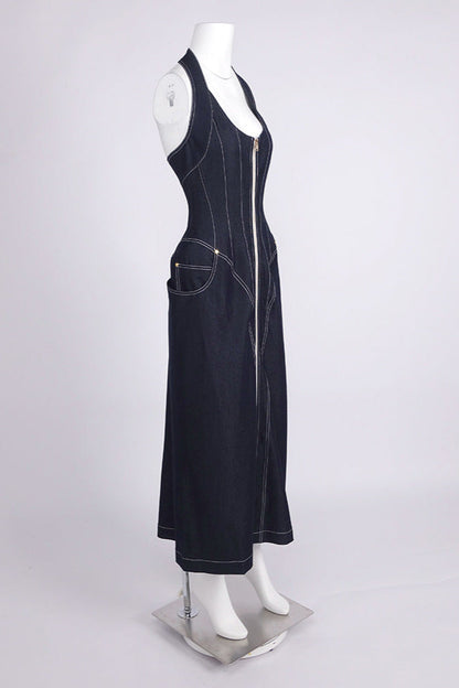Haltered Corseted Midi Dress Denim in Navy Blue