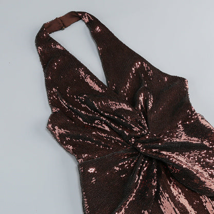nora brown Sequin halterneck deep V high waist flared jumpsuit
