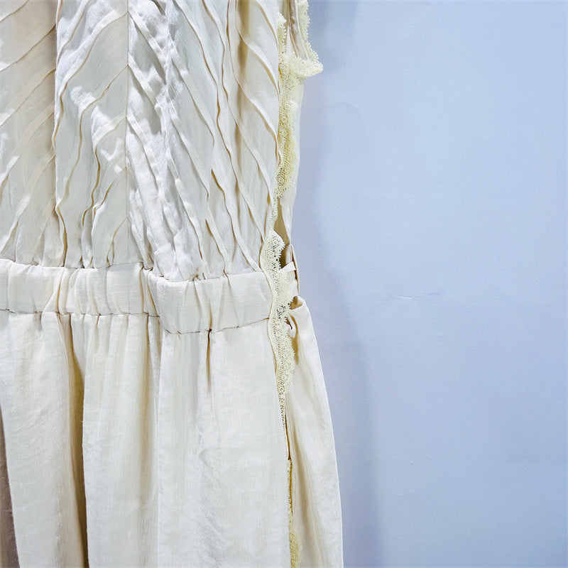 Sleeveless Lace Detail Maxi Dress in Light Yellow Avalabel