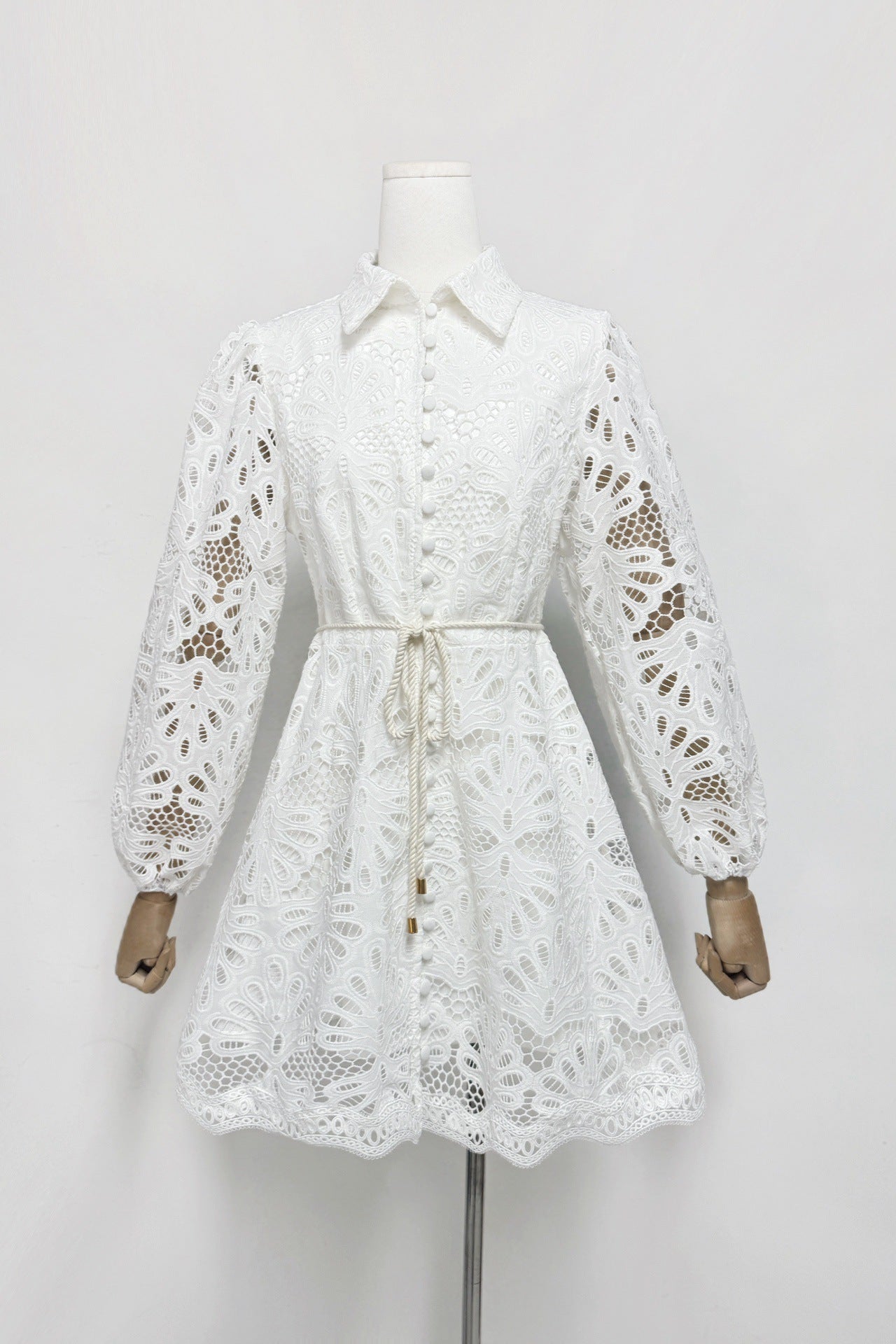 Lapel Hollow Embroidery Puff Sleeve Mini Dress in White Soraya