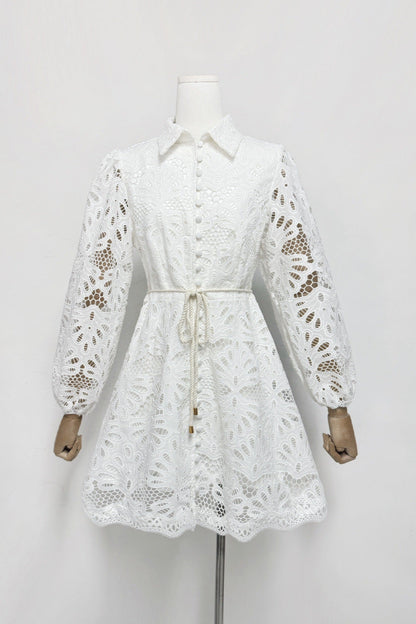 Lapel Hollow Embroidery Puff Sleeve Mini Dress in White