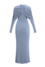bonnie long sleeve pleated knot bodycon maxi dress in blue Avalabel