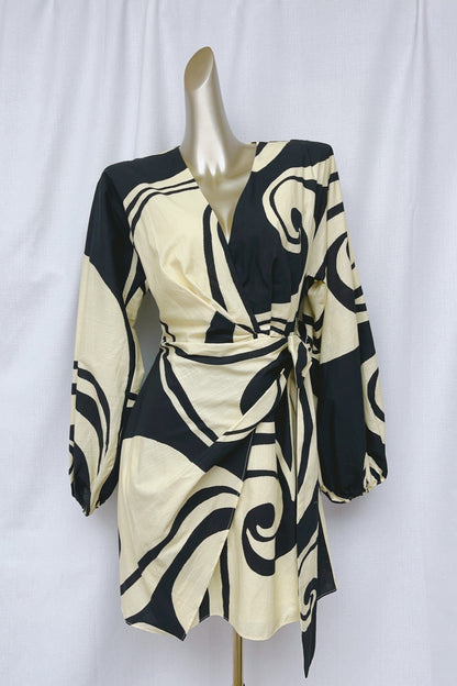 Oceanic Swirl V-Neck Puff Sleeve Mini Dress