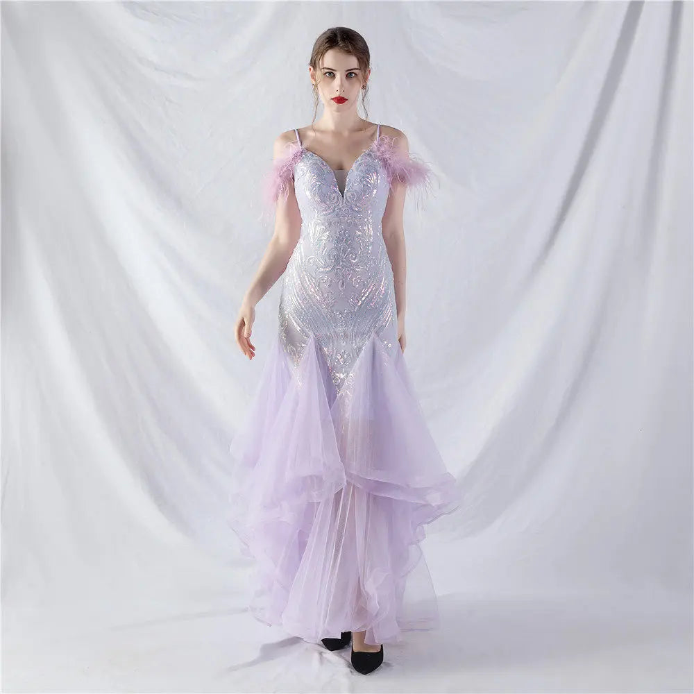 feather sequin strapless tulle maxi dress Avalabel